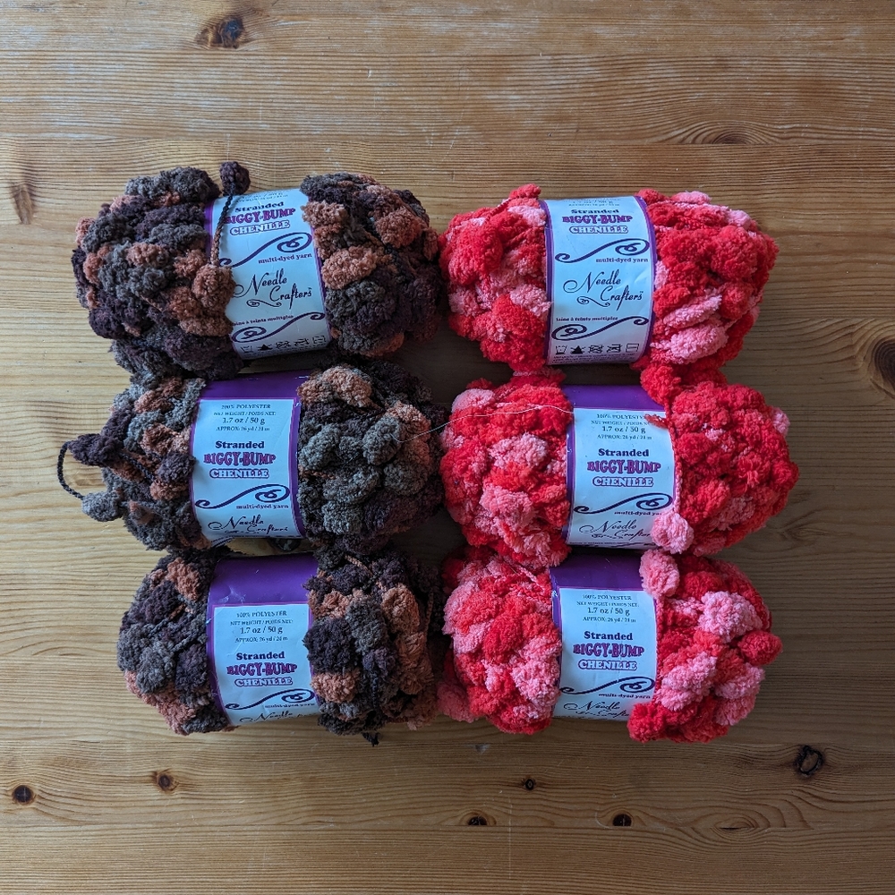 Needle Crafters Stranded Biggy-Bump Chenille Yarn - Red - Brown - New and Extras